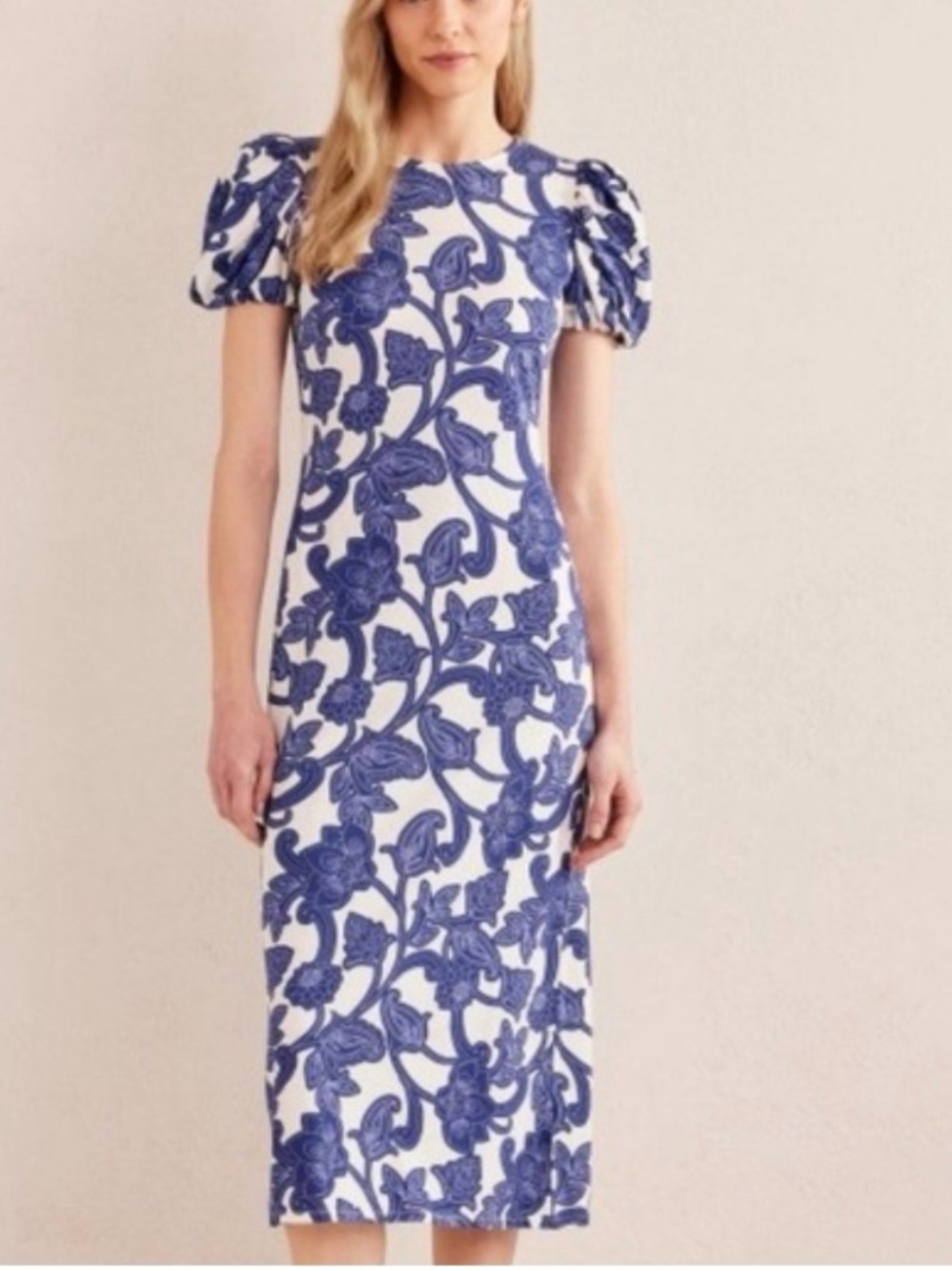 Boden blue  Floral Print Puff-Sleeve Midi Dress